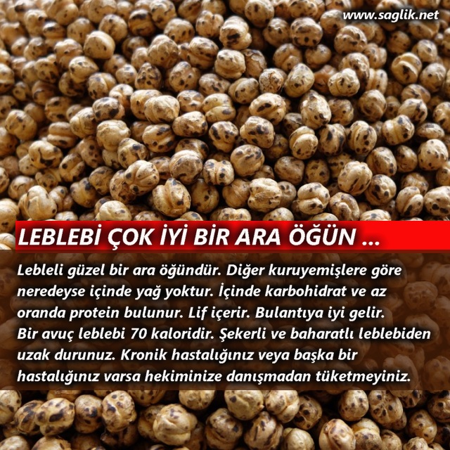 Lebleli güzel bir ara öğündür. Diğer kuruyemişlere göre neredeyse içinde yağ yoktur. İçinde karbohidrat ve az oranda protein bulunur. Lif içerir. Bulantıya iyi gelir. Bir avuç leblebi 70 kaloridir. Şekerli ve baharatlı leblebiden uzak durunuz. Kronik hastalığınız veya başka bir hastalığınız varsa hekiminize danışmadan tüketmeyiniz.