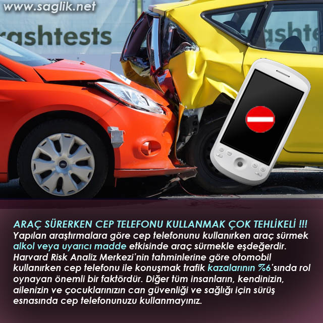  ARAÇ SÜRERKEN CEP TELEFONU KULLANMAK ÇOK TEHLİKELİ !!! Yapılan araştırmalara göre cep telefonunu kullanırken araç sürmek alkol veya uyarıcı madde etkisinde araç sürmekle eşdeğerdir. Harvard Risk Analiz Merkezi’nin tahminlerine göre otomobil kullanırken cep telefonu ile konuşmak trafik kazalarının %6’sında rol oynayan önemli bir faktördür. Diğer tüm insanların, kendinizin, ailenizin ve çocuklarınızın can güvenliği ve sağlığı için sürüş esnasında cep telefonunuzu kullanmayınız.