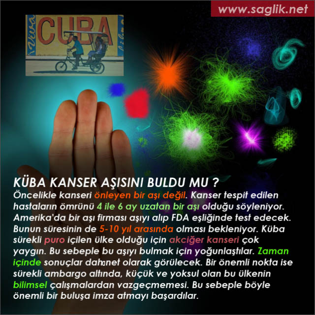 KÜBA KANSER AŞISINI BULDU MU ? Öncelikle kanseri önleyen bir aşı değil. Kanser tespit edilen hastaların ömrünü 4 ile 6 ay uzatan bir aşı olduğu söyleniyor. Amerika'da bir aşı firması aşıyı alıp FDA eşliğinde test edecek. Bunun süresinin de 5-10 yıl arasında olması bekleniyor. Küba sürekli puro içilen ülke. Küba'da akciğer kanserinin çok yaygın. Bu sebeple bu aşıyı bulmal için yoğunlaştılar. Zaman içinde sonuçlar net olarak görülecek. Bir önemli nokta ise sürekli ambargo altında, küçük ve yoksul olan bu ülkenin bilimsel çalışmalardan vazgeçmemesi. Bu sebeple böyle önemli bir buluşa imza atmayı başardılar.