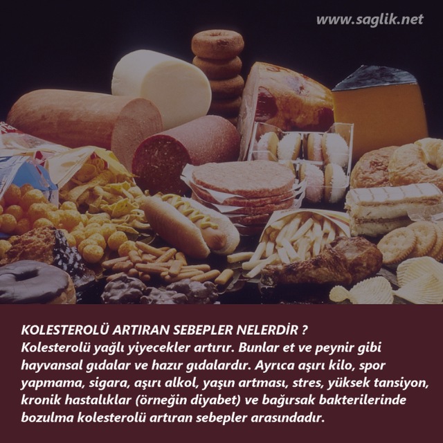 KOLESTEROLÜ ARTIRAN FAKTÖRLER NELERDİR ? Kolesterolü yağlı yiyecekler artırır. Bunlar et ve peynir gibi hayvansal gıdalar ve hazır gıdalardır. Ayrıca aşırı kilo, spor yapmama, sigara, aşırı alkol, yaşın artması, stres, yüksek tansiyon, kronik hastalıklar (örneğin diyabet) ve bağırsak bakterilerinde bozulma kolesterolü artıran sebepler arasındadır. 