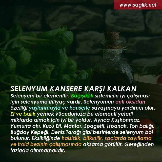 SELENYUM KALBİN DOSTU KANSERE KARŞI KALKAN Selenyum bir elementtir. Bağışıklık sisteminin iyi çalışması için selenyuma ihtiyaç vardır. Selenyumun anti oksidan özelliği yaşlanmayla ve kanserle savaşmaya yardımcı olur. Et ve balık yemek de vücudunuza bu elementi yeterli miktarda almak için iyi bir yoldur. Ayrıca Kuşkonmaz, Yumurta akı, Kuzu Eti, Mantar, Spagetti, Ispanak, Ton balığı, Buğday Kepeği, Deniz Tarağı gibi besinlerde selenyum bol bulunur. Eksikliğinde halsizlik bitkinlik, saçlarda zayıflama ve troid bezinin çalışmasında aksama görülür. Gereğinden fazlada alınmamalıdır. 