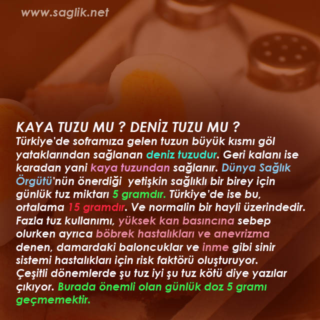 KAYA TUZU MU ? DENİZ TUZU MU ? Türkiye'de soframıza gelen tuzun büyük kısmı göl yataklarından sağlanan deniz tuzudur. Geri kalanı ise karadan yani kaya tuzundan sağlanır. Dünya Sağlık Örgütü'nün önerdiği yetişkin sağlıklı bir birey için günlük tuz miktarını 5 gramdır. Türkiye’de ise bu, ortalama 15 gramdır. Ve normalin bir hayli üzerindedir. Fazla tuz kullanımı, yüksek kan basıncına sebep olurken ayrıca böbrek hastalıkları ve anevrizma denen, damardaki baloncuklar ve inme gibi sinir sistemi hastalıkları için risk faktörü oluşturuyor. Çeşitli dönemlerde şu tuz iyi şu tuz kötü diye yazılar çıkıyor. Burada önemli olan günlük doz 5 gramı geçmemektir.