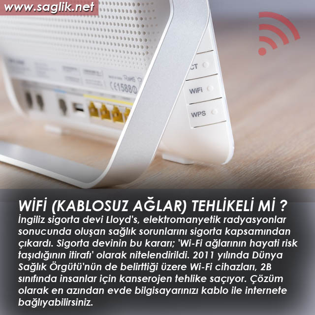 WİFİ (KABLOSUZ AĞLAR) TEHLİKELİ Mİ ? İngiliz sigorta devi Lloyd's, elektromanyetik radyasyonlar sonucunda oluşan sağlık sorunlarını sigorta kapsamından çıkardı. Sigorta devinin bu kararı; 'Wi-Fi ağlarının hayati risk taşıdığının itirafı' olarak nitelendirildi. 2011 yılında Dünya Sağlık Örgütü'nün de belirttiği üzere Wi-Fi cihazları, 2B sınıfında insanlar için kanserojen tehlike saçıyor. Çözüm olarak en azından evde bilgisayarınızı kablo ile internete bağlıyabilirsiniz.