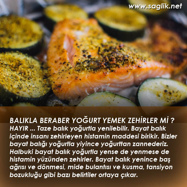 BALIKLA BERABER YOĞURT YEMEK ZEHİRLER Mİ ? HAYIR ... Taze balık yoğurtla yenilebilir. Bayat balık içinde insanı zehirleyen histamin maddesi birikir. Bizler bayat balığı yoğurtla yiyince yoğurttan zannederiz. Halbuki bayat balık yoğurtla yense de yenmese de histamin yüzünden zehirler. Bayat balık yenince baş ağrısı ve dönmesi, mide bulantısı ve kusma, tansiyon bozukluğu gibi bazı belirtiler ortaya çıkar. 