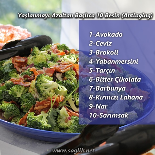 Yaşlanmayı Azaltan (Antiaging) Başlıca Besinler 1-Avokado 2-Ceviz 3-Brokoli 4-Yabanmersini 5-Tarçın 6-Bitter Çikolata 7-Barbunya 8-Kırmızı Lahana  9-Nar 10-Sarımsak