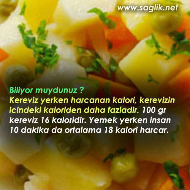 Biliyor muydunuz ? Kereviz yerken harcanan kalori, kerevizin icindeki kaloriden daha fazladir. 100 gr kereviz 16 kaloridir. Yemek yerken insan 10 dakika da ortalama 18 kalori harcar. kereviz yerken harcanan kalori, kerevizin icindeki kaloriden daha fazladir. 