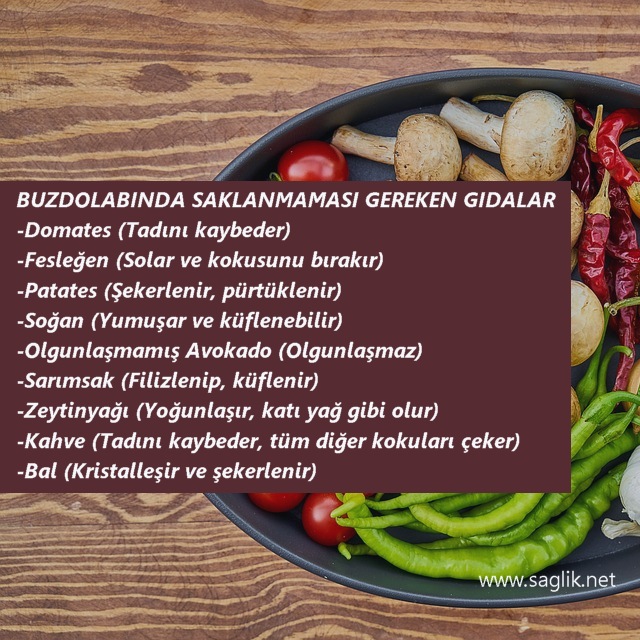 BUZDOLABINDA SAKLANMAMASI GEREKEN GIDALAR -Domates (Tadını kaybeder) -Fesleğen (Solar ve kokusunu bırakır) -Patates (Şekerlenir, pürtüklenir) -Soğan (Yumuşar ve küflenebilir) -Olgunlaşmamış Avokado (Olgunlaşmaz) -Sarımsak (Filizlenip, küflenir) -Zeytinyağı (Yoğunlaşır, katı yağ gibi olur) -Kahve (Tadını kaybeder, tüm diğer kokuları çeker) -Bal (Kristalleşir ve şekerlenir)