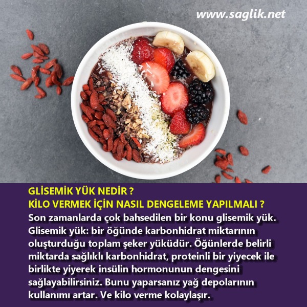 GLİSEMİK YÜK NEDİR ? KİLO VERMEK İÇİN NASIL DENGELEME YAPILMALI ? Son zamanlarda çok bahsedilen bir konu glisemik yük. Glisemik yük: bir öğünde yenen karbonhidrat miktarının oluşturduğu toplam şeker yüküdür. Öğünlerde belirli miktarda sağlıklı karbonhidrat, proteinli bir yiyecek ile birlikte yiyerek insülin hormonunun dengesini sağlayabilirsiniz. Bunu yaparsanız yağ depolarının kullanımı artar. Ve kilo verme kolaylaşır.