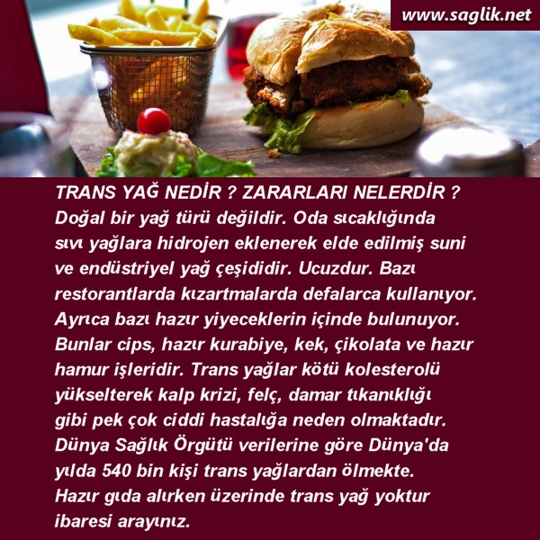 TRANS YAĞ NEDİR ? ZARARLARI NELERDİR ? Doğal bir yağ türü değildir. Oda sıcaklığında sıvı yağlara hidrojen eklenerek elde edilmiş suni ve endüstriyel yağ çeşididir. Ucuzdur. Bazı restorantlarda kızartmalarda defalarca kullanıyor. Ayrıca bazı hazır yiyeceklerin içinde bulunuyor. Bunlar cips, hazır kurabiye, kek, çikolata ve hazır hamur işleridir. Trans yağlar kötü kolesterolü yükselterek kalp krizi, felç, damar tıkanıklığı gibi pek çok ciddi hastalığa neden olmaktadır. Dünya Sağlık Örgütü verilerine göre Dünya'da yılda 540 bin kişi trans yağlardan ölmekte. Hazır gıda alırken üzerinde trans yağ yoktur ibaresi arayınız.