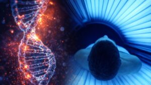 Solaryum cilt kanseri riskini gösteren DNA hasarı ve UV ışını görseli 